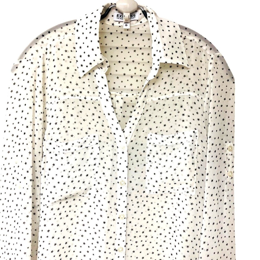 Express Portofino Sheer Shirt Blouse Celestial Stars Roll Tab Womens XS S